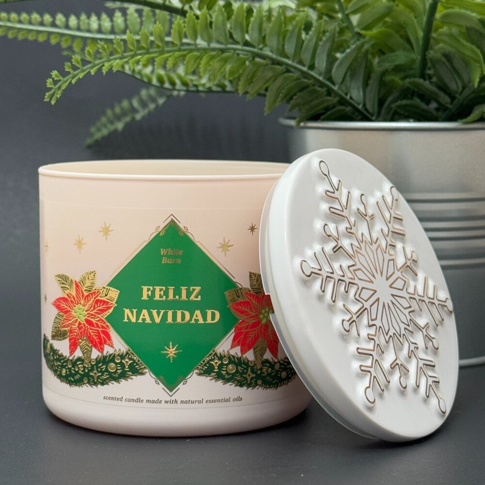 BBW Feliz Navidad Champurrado White Barn Bath & Body Works 3 Wick Candle